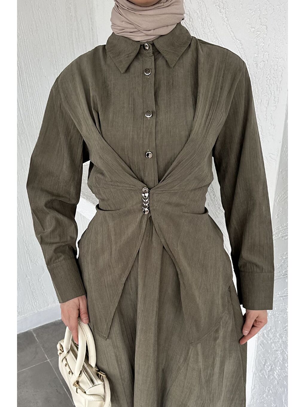 Haki Gülseli Nubuk Kumaş Gömlek Etek Tesettür İkili Takım-4