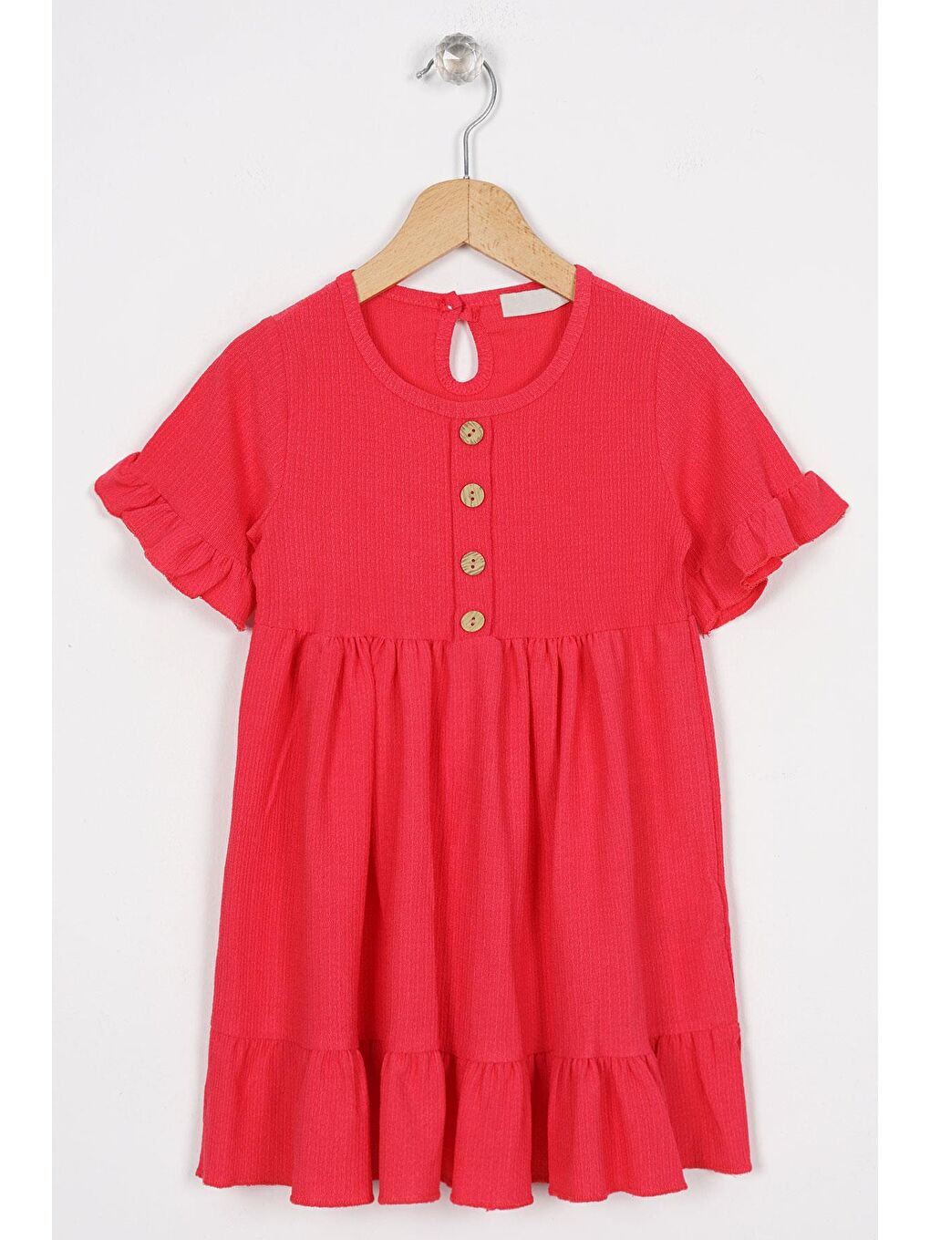Bisiklet Yaka Kısa Kol Fırfırlı Düğmeli Fuşya Renk Kız Çocuk Elbise
