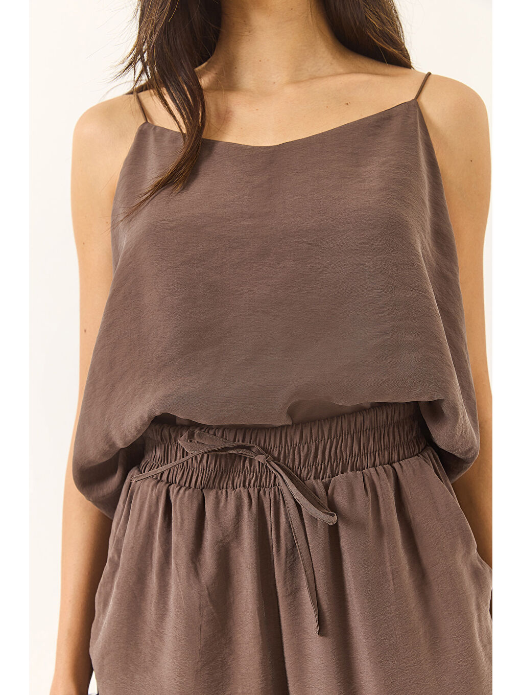 Kahverengi Kadın Askılı Dokuma Modal Bluz Pantolon Alt-Üst Takım-4