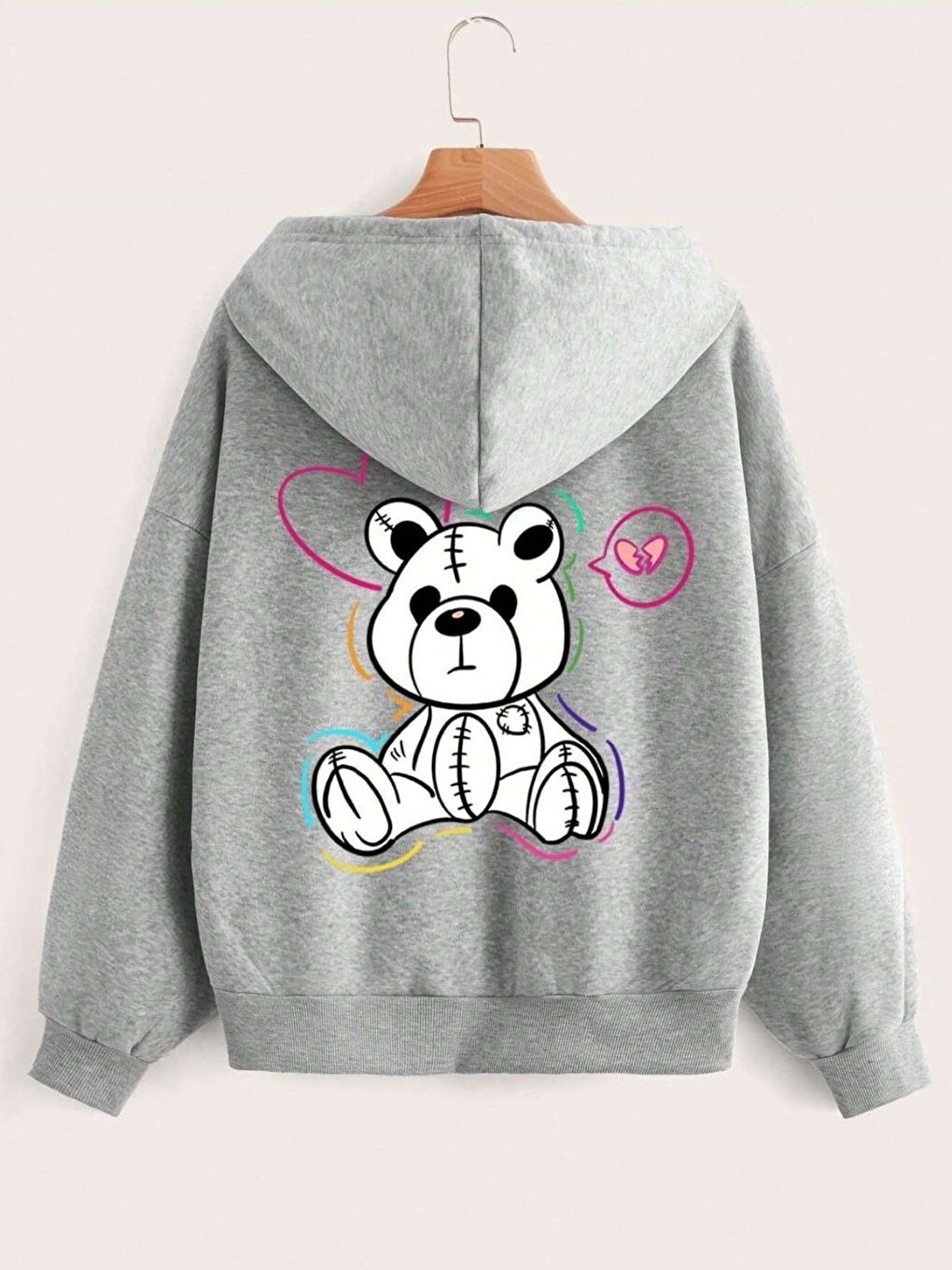 Unisex Gri Sweet Bear Baskılı Kapüşonlu Fermuarlı Hırka