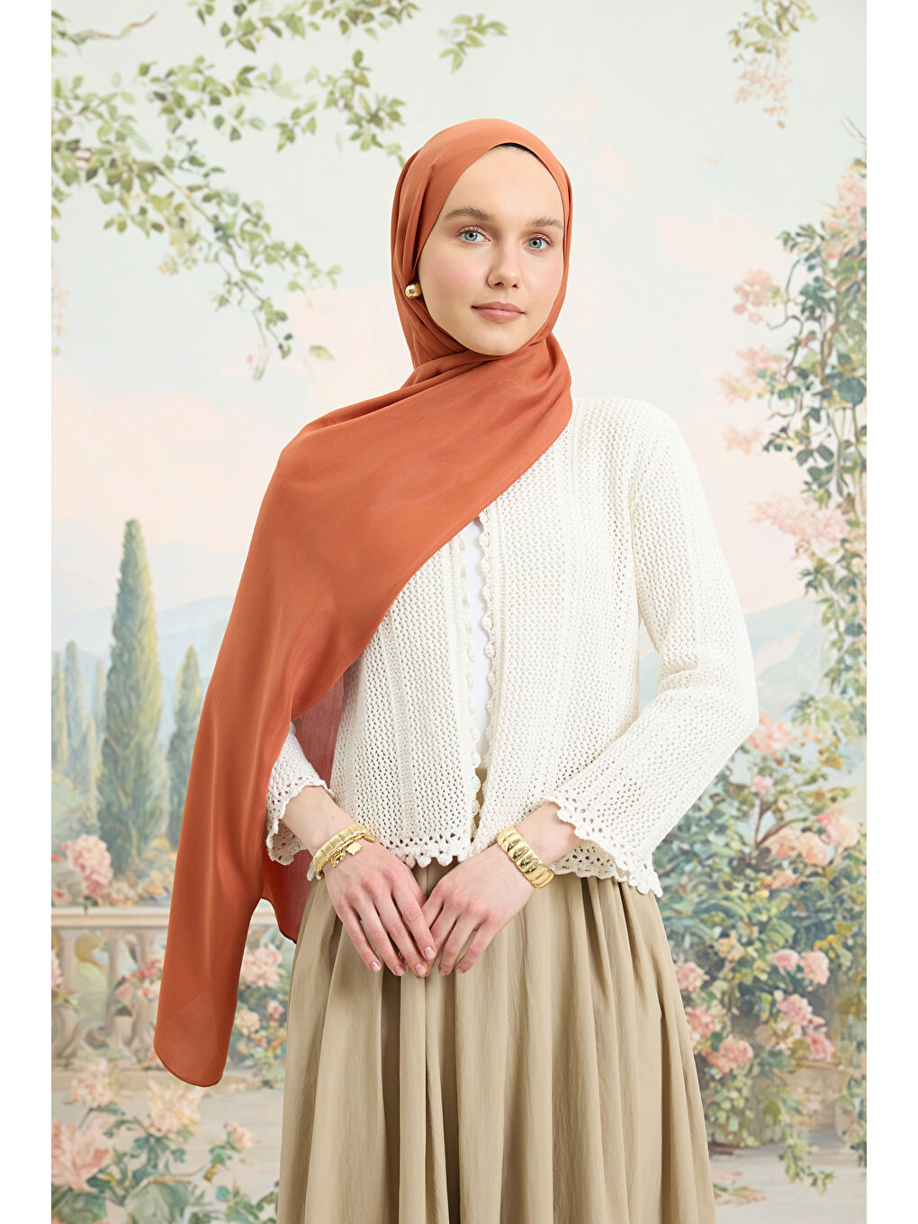 Bej Floş Viskon Düz Şal Badem-4