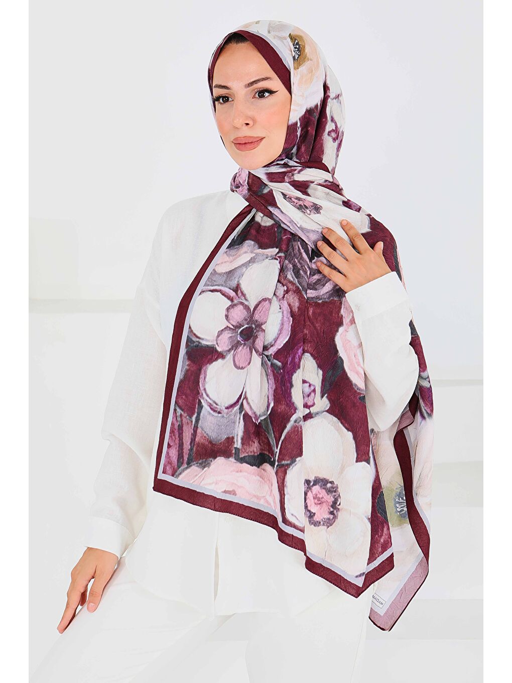 Desenli Bambu Kare Şal Mürdüm - 27523-3