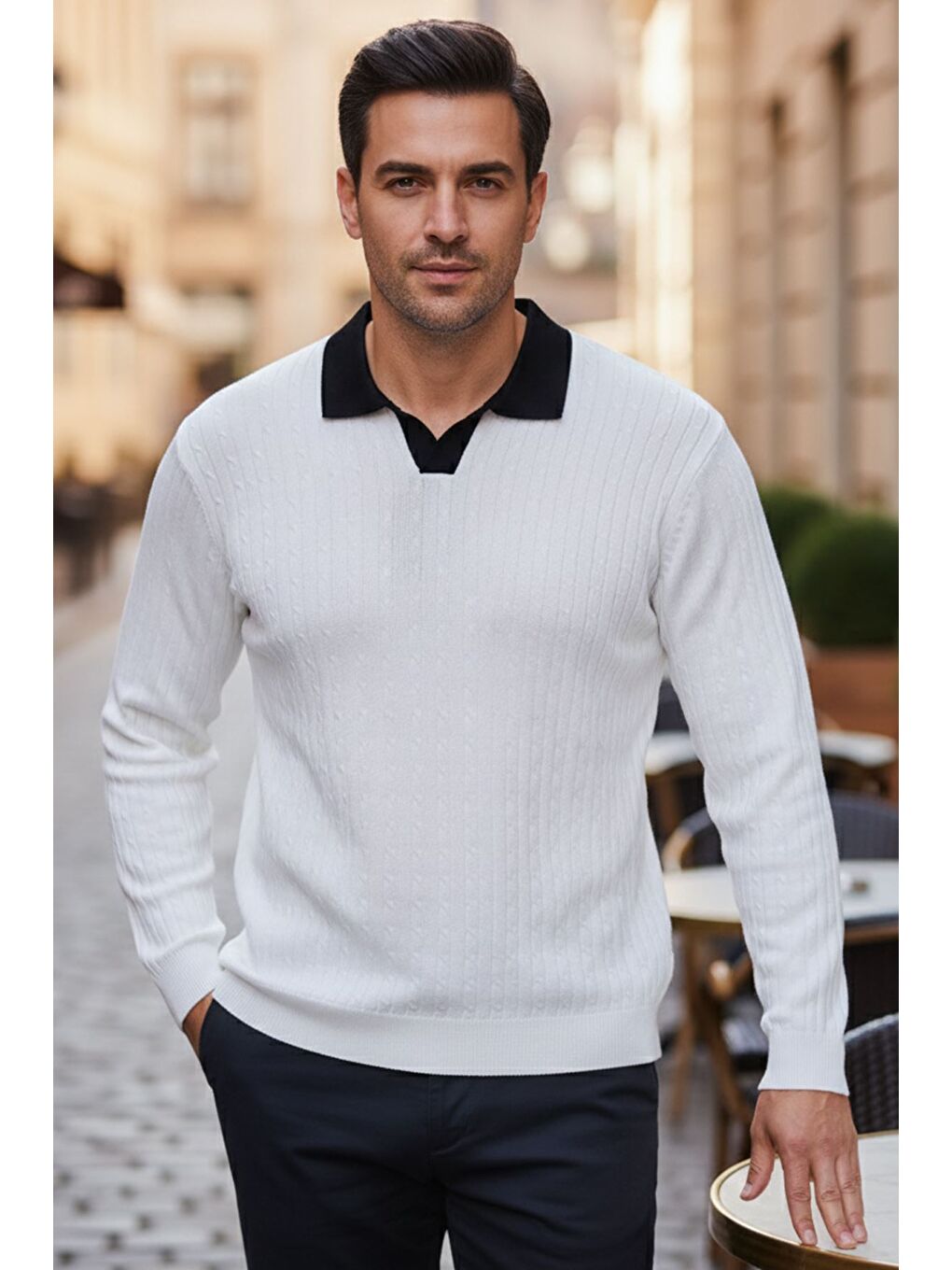 Beyaz Erkek Polo Yaka Kendinden Desenli Triko Kazak