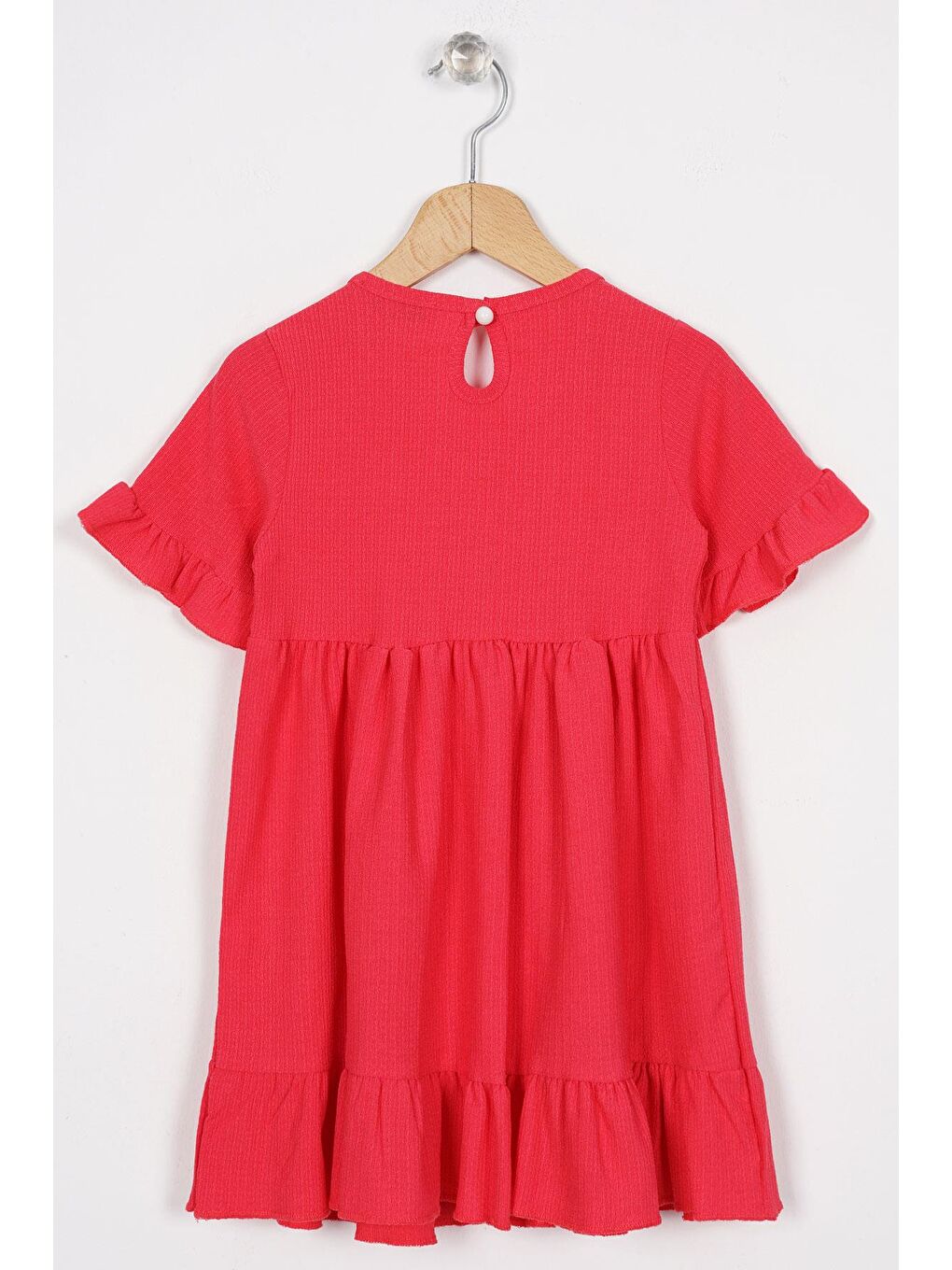 Bisiklet Yaka Kısa Kol Fırfırlı Düğmeli Fuşya Renk Kız Çocuk Elbise-2