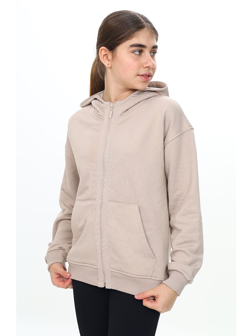 Bej Kız Çocuk Kapüşonlu Hırka-1