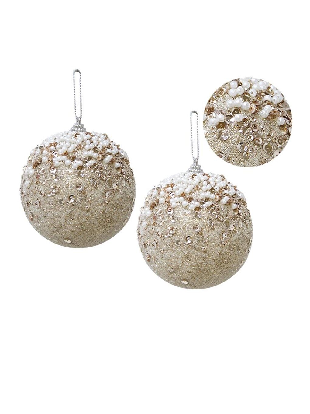 Ekru Yılbaşı Topu Simli İnci ve Payet Detaylı Çam Ağacı Süsü Işıltılı Açık Krem 10 cm 2'li-1