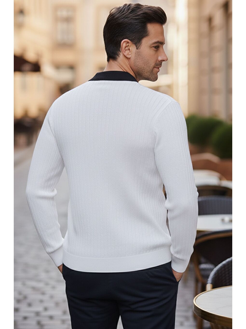 Beyaz Erkek Polo Yaka Kendinden Desenli Triko Kazak-1