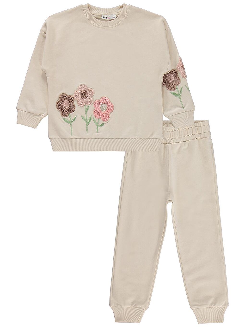 Girls Çiçek Nakışlı 2-5 Yaş Eşofman Takımı - Bej 2-3 Yaş