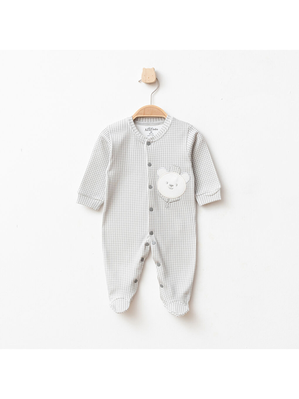 Gri Erkek Bebek Çıtçıtlı Ayı Nakışlı Patikli Tulum 0 Ay - 6 Ay