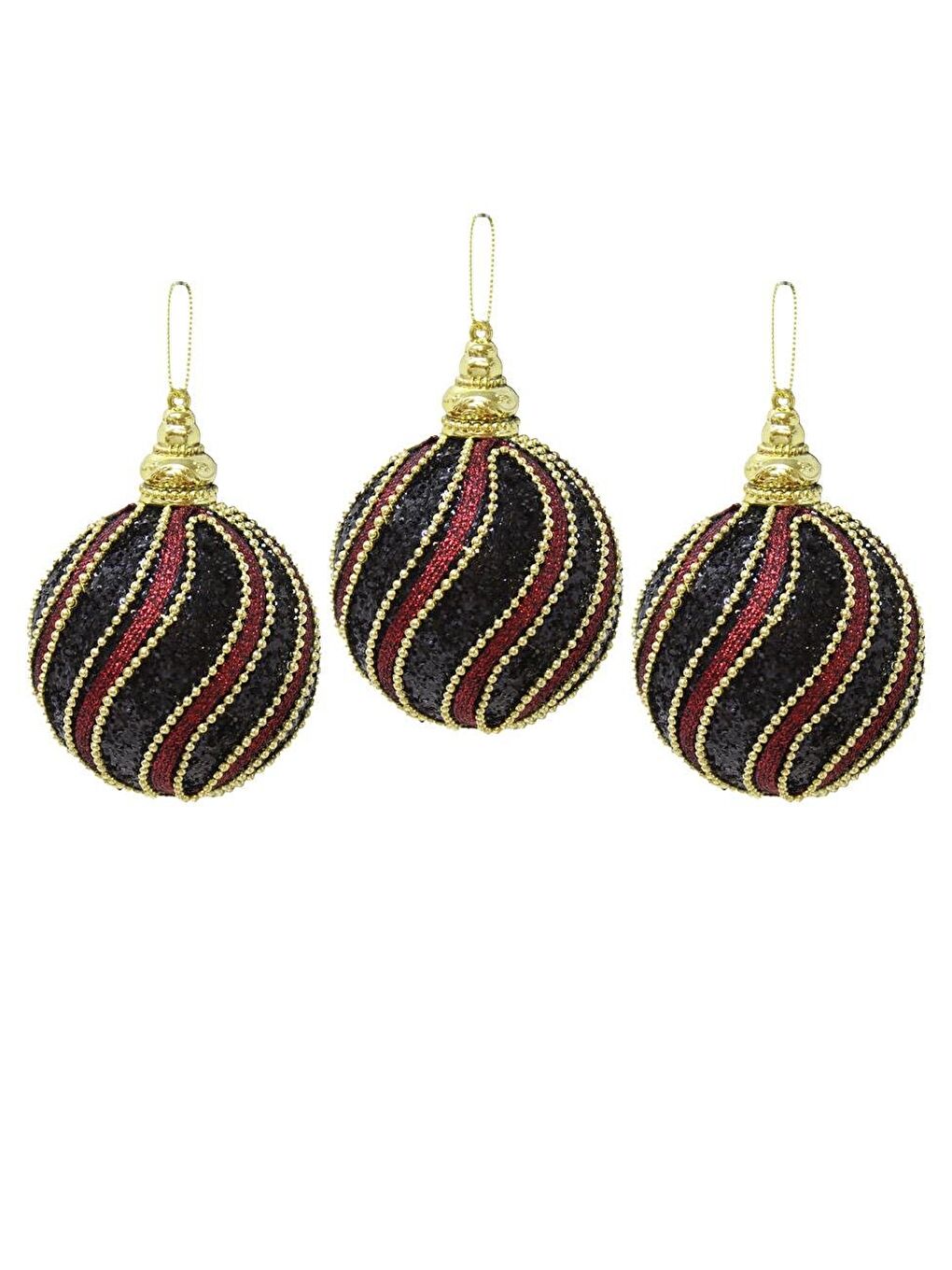 Yılbaşı Topu Altın Şeritli Payetli Siyah-Bordo Çam Ağacı Süsü 8 cm 3'lü-1