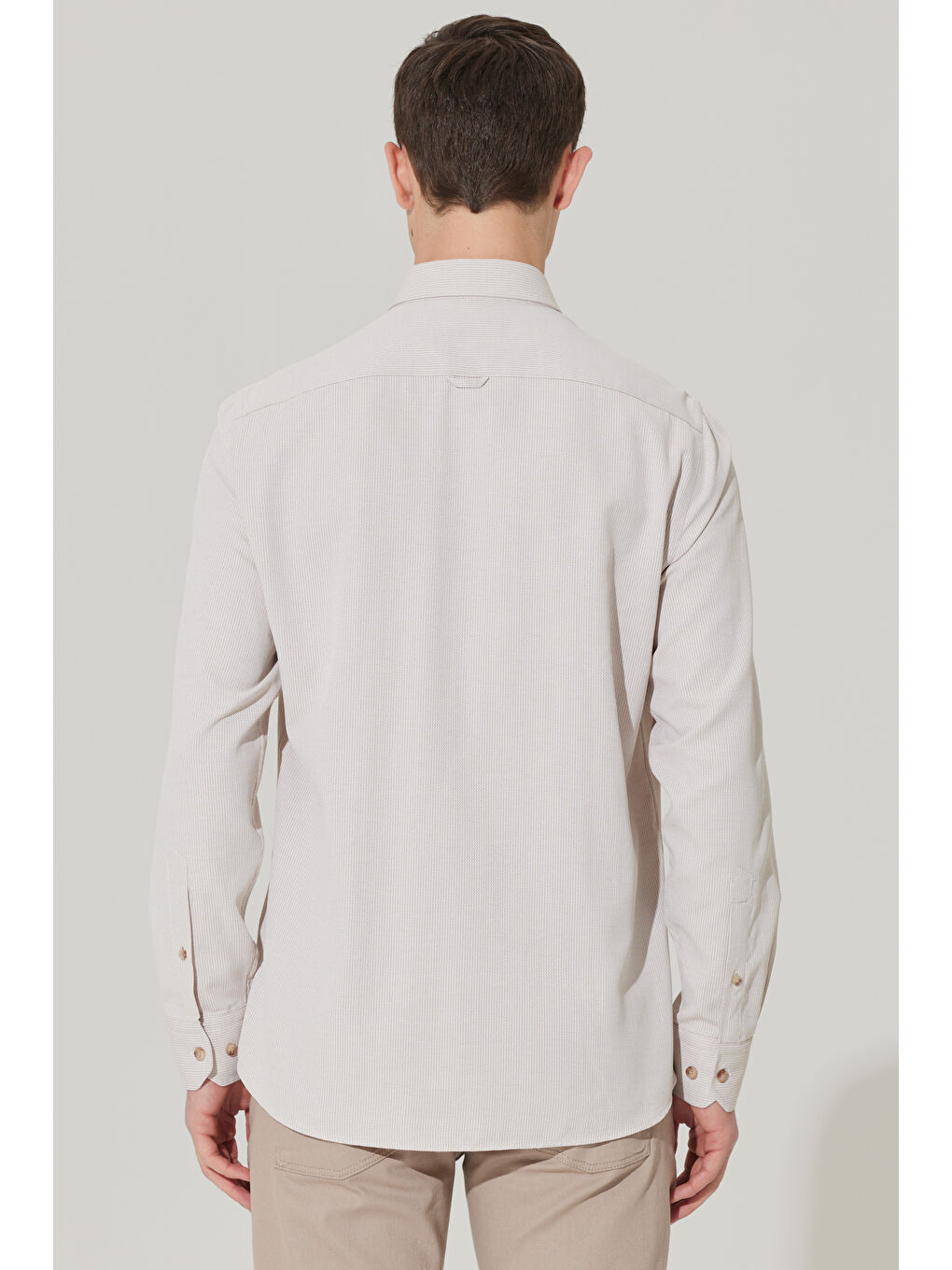 Erkek Bej Slim Fit Düğmeli Yaka Pamuklu Armürlü Gömlek-5