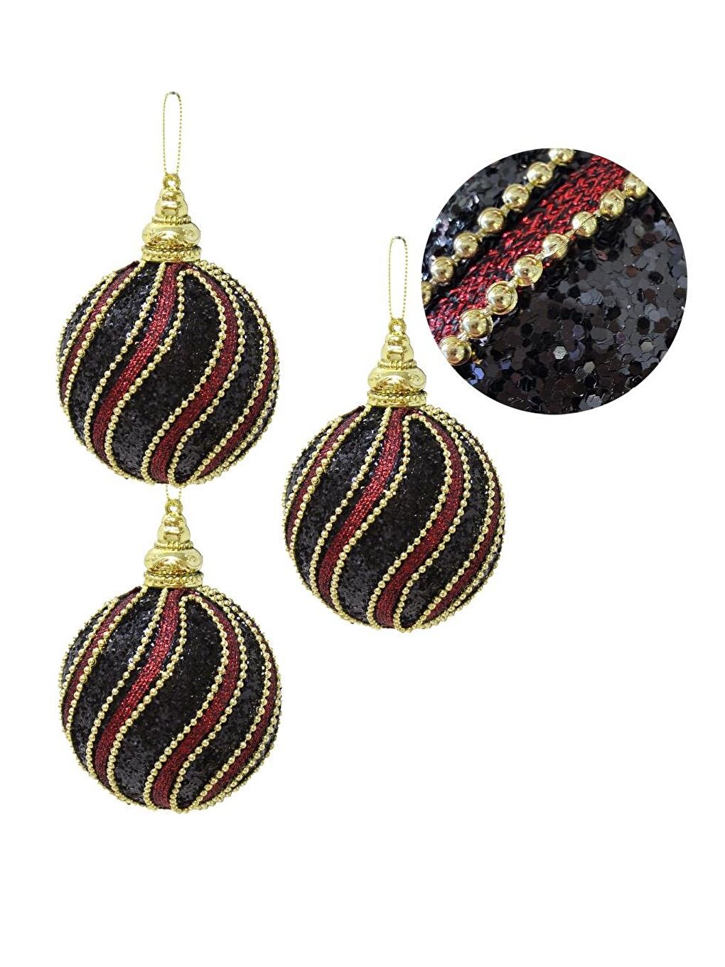 Yılbaşı Topu Altın Şeritli Payetli Siyah-Bordo Çam Ağacı Süsü 8 cm 3'lü-2