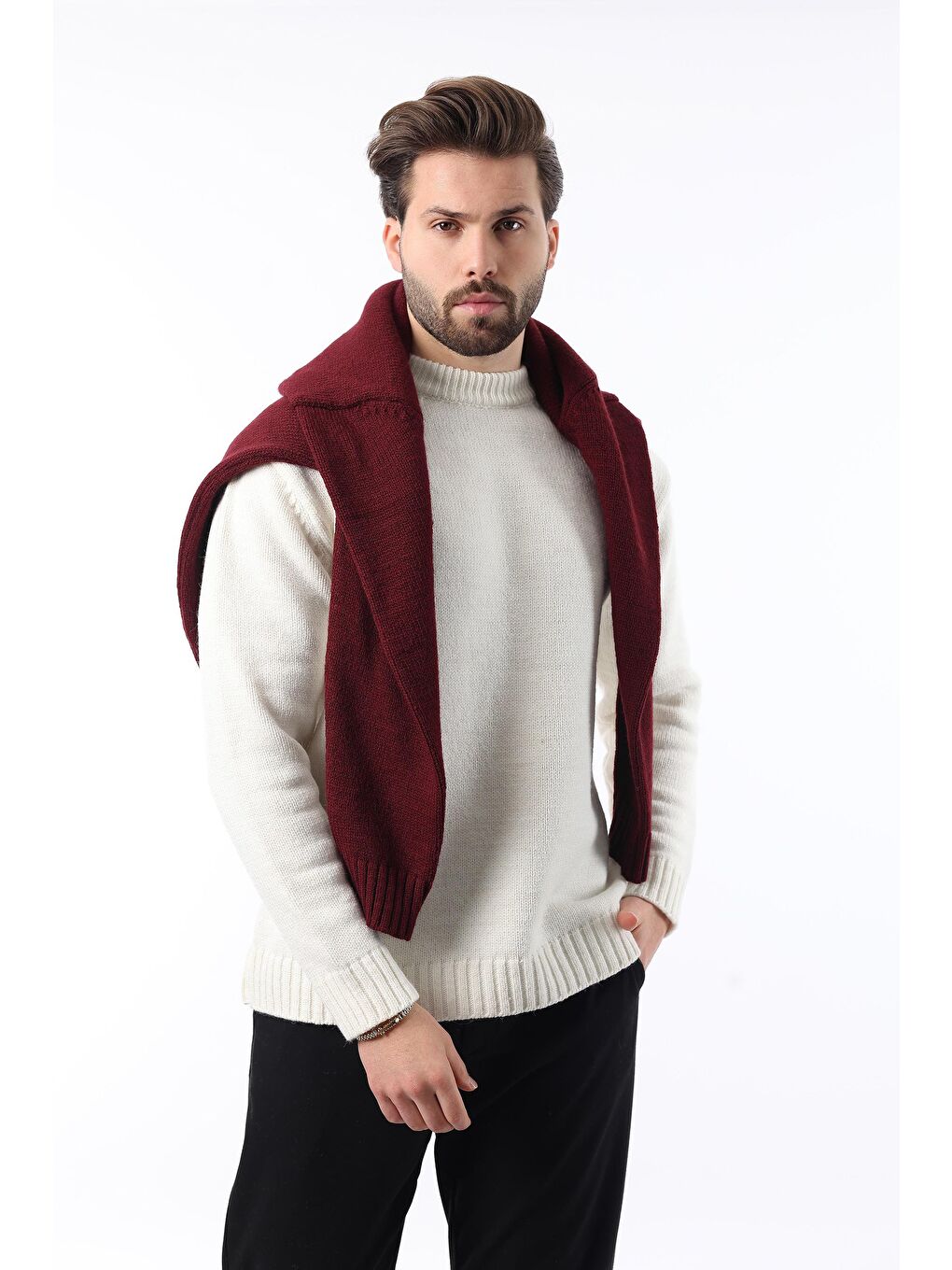 Ekru Bisiklet Yaka Overfit Erkek Triko Kazak E7402