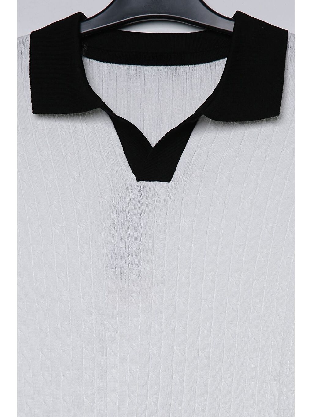 Beyaz Erkek Polo Yaka Kendinden Desenli Triko Kazak-3