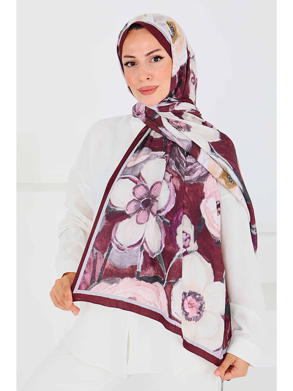 Desenli Bambu Kare Şal Mürdüm - 27523-4