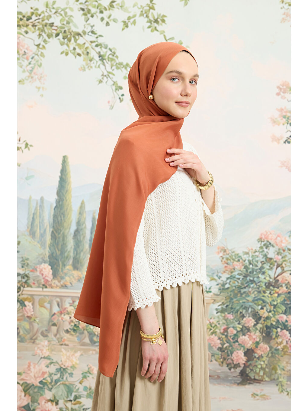 Bej Floş Viskon Düz Şal Badem-6