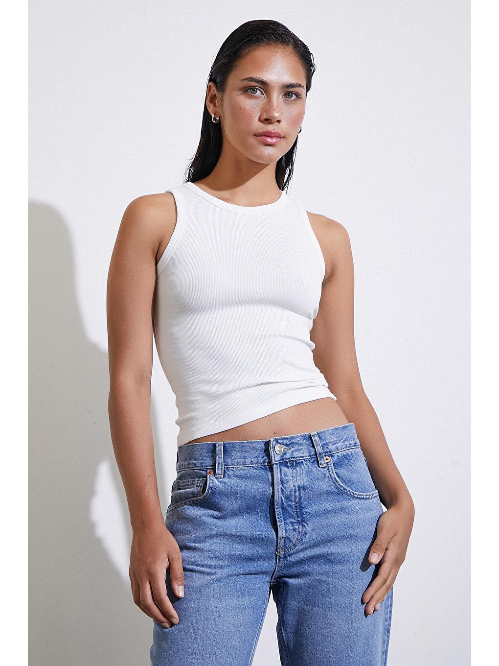 Beyaz Bisiklet Yaka Top-1