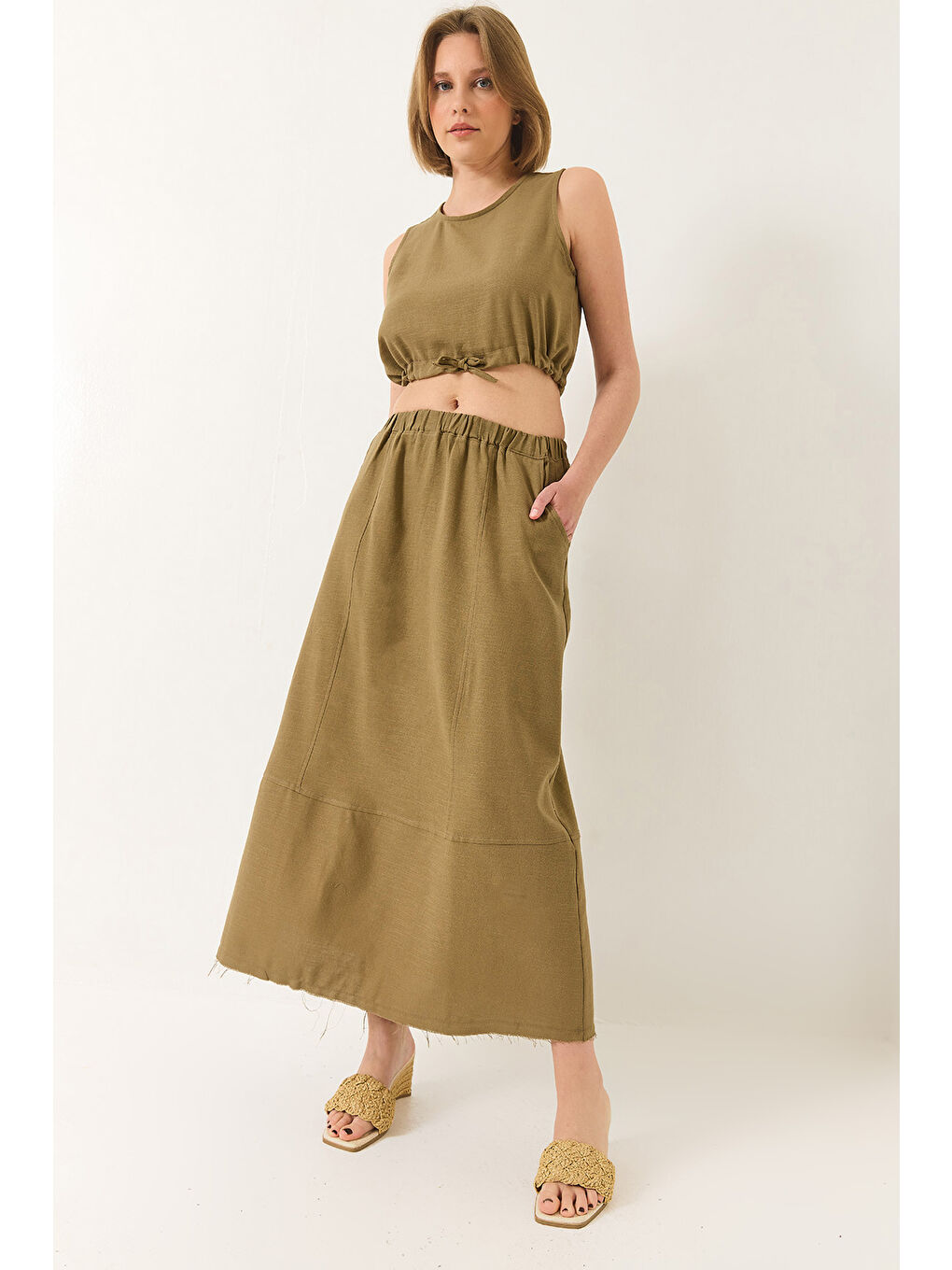 Yeşil Kadın Keten Beli Bağlamalı Bluz Cep Detaylı Etek Alt-Üst Takım