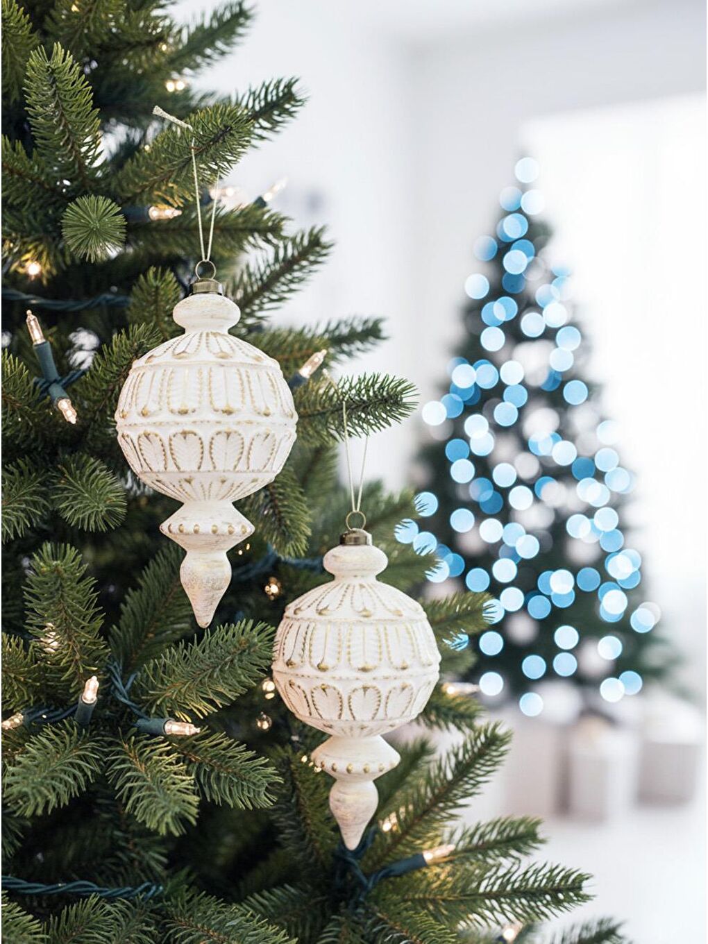 Sarı Yılbaşı Ağaç Süsü Retro Altın Eskitme Detaylı Sarkıt Beyaz Gold 16 cm 2'li Set-1