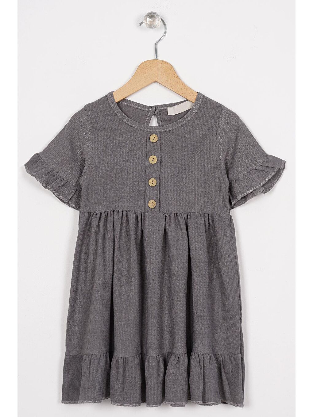 Bisiklet Yaka Kısa Kol Fırfırlı Düğmeli Gri Renk Kız Çocuk Elbise