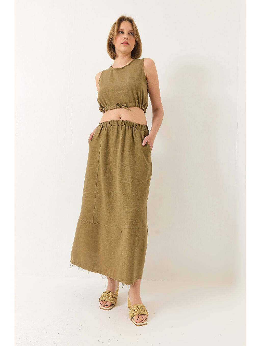 Yeşil Kadın Keten Beli Bağlamalı Bluz Cep Detaylı Etek Alt-Üst Takım-2