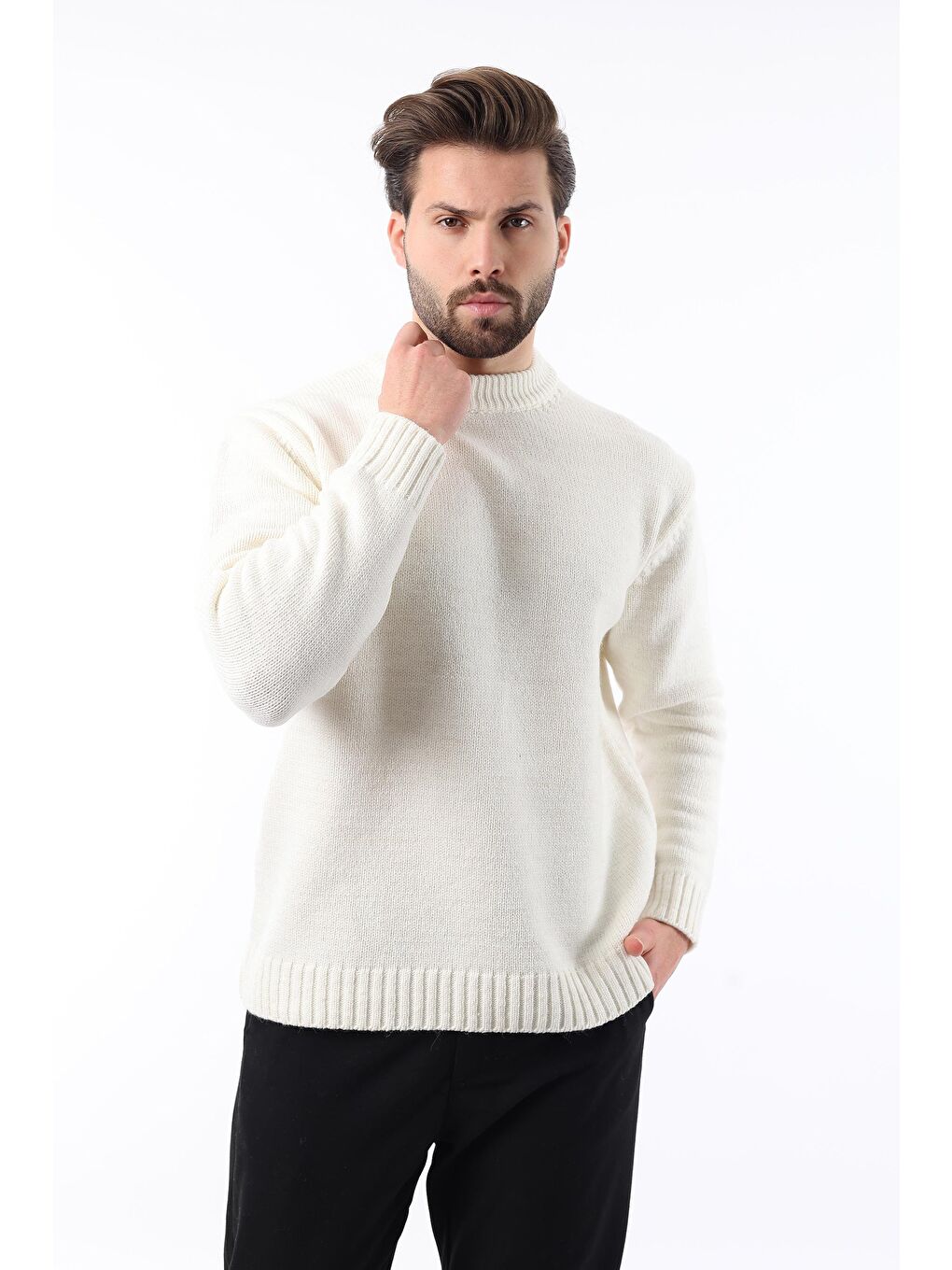 Ekru Bisiklet Yaka Overfit Erkek Triko Kazak E7402-1