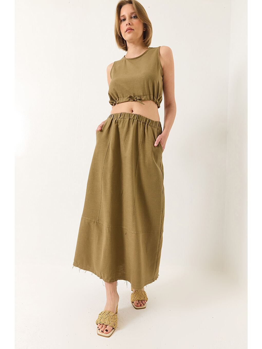Yeşil Kadın Keten Beli Bağlamalı Bluz Cep Detaylı Etek Alt-Üst Takım-3