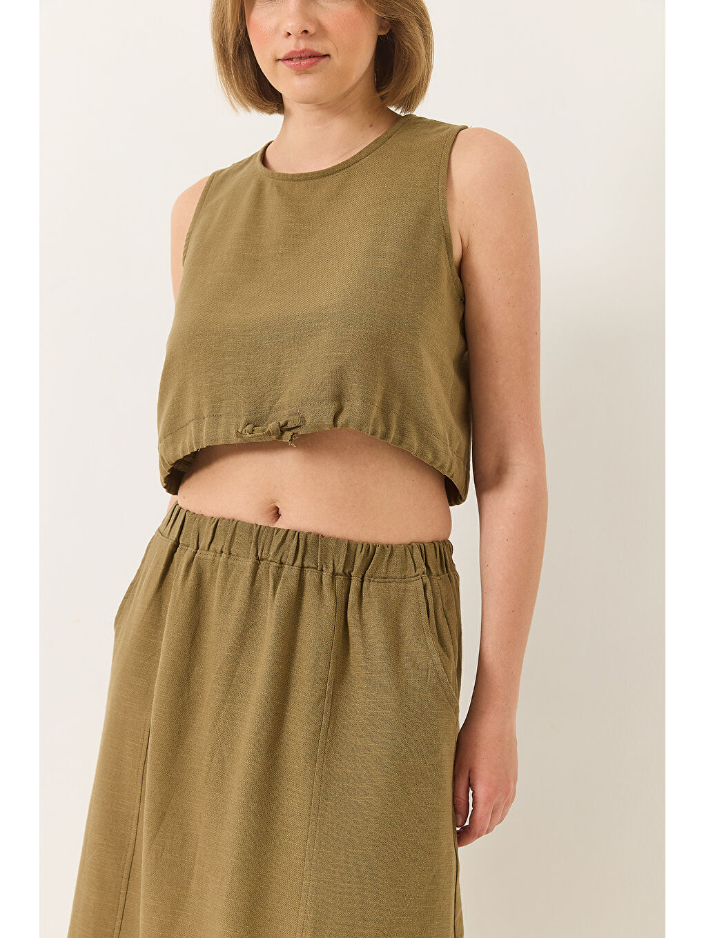 Yeşil Kadın Keten Beli Bağlamalı Bluz Cep Detaylı Etek Alt-Üst Takım-5