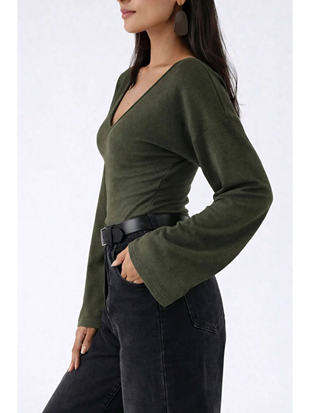 Haki Kadın V Yaka Uzun Kollu Belden Oturtmalı Bluz-1