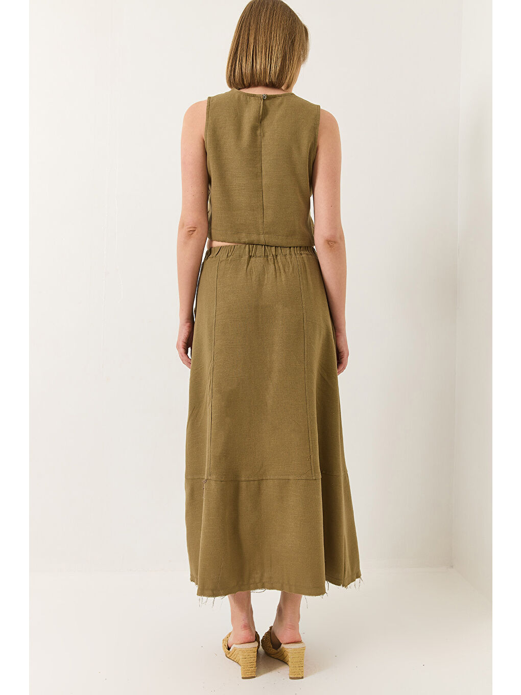 Yeşil Kadın Keten Beli Bağlamalı Bluz Cep Detaylı Etek Alt-Üst Takım-7