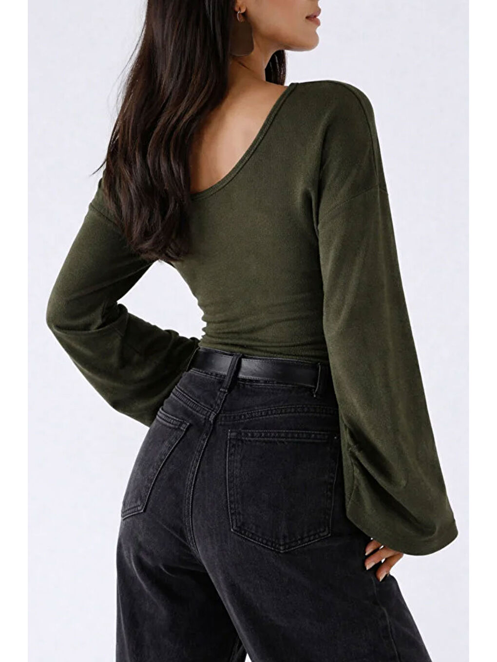 Haki Kadın V Yaka Uzun Kollu Belden Oturtmalı Bluz-2