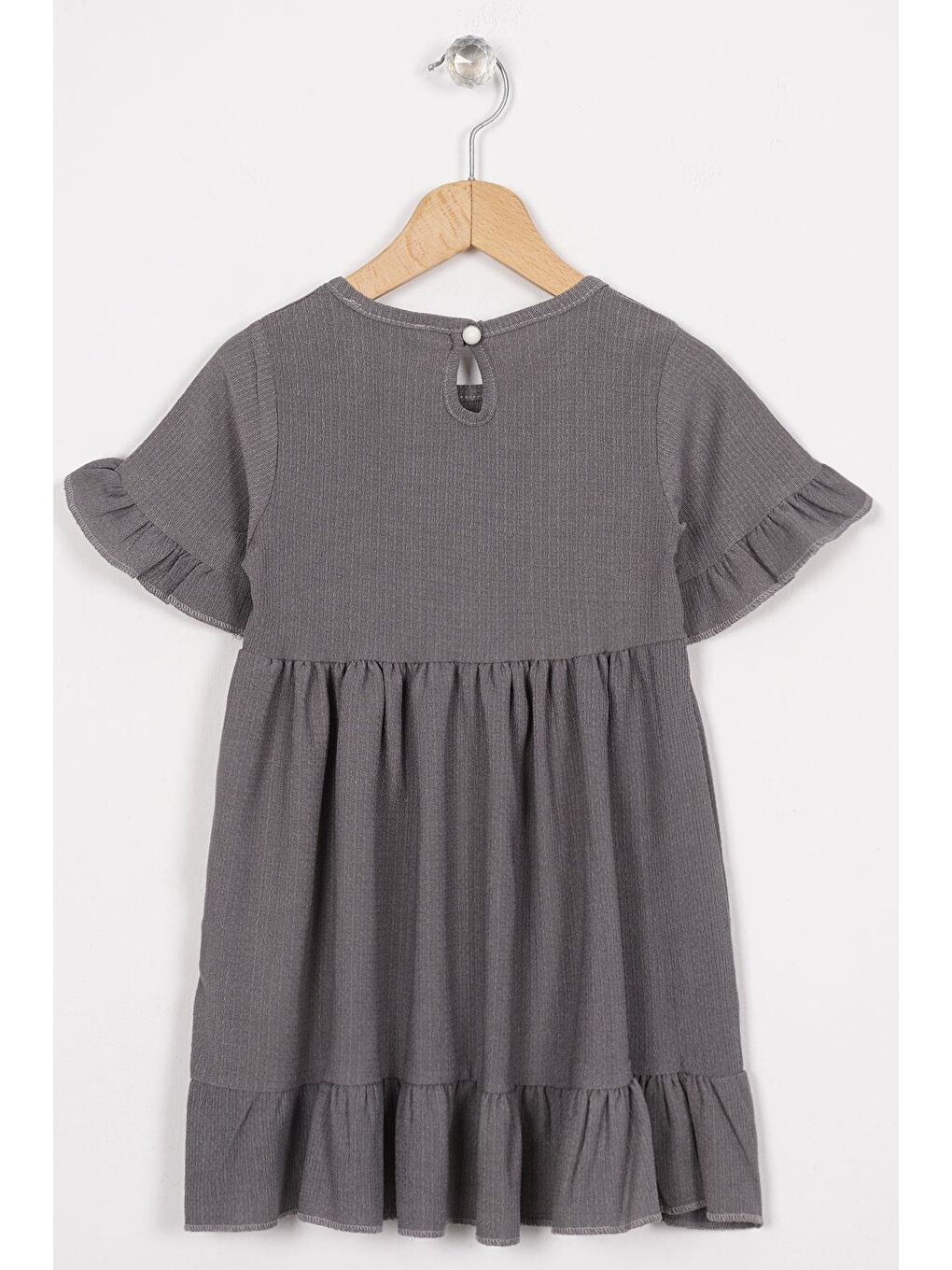 Bisiklet Yaka Kısa Kol Fırfırlı Düğmeli Gri Renk Kız Çocuk Elbise-2