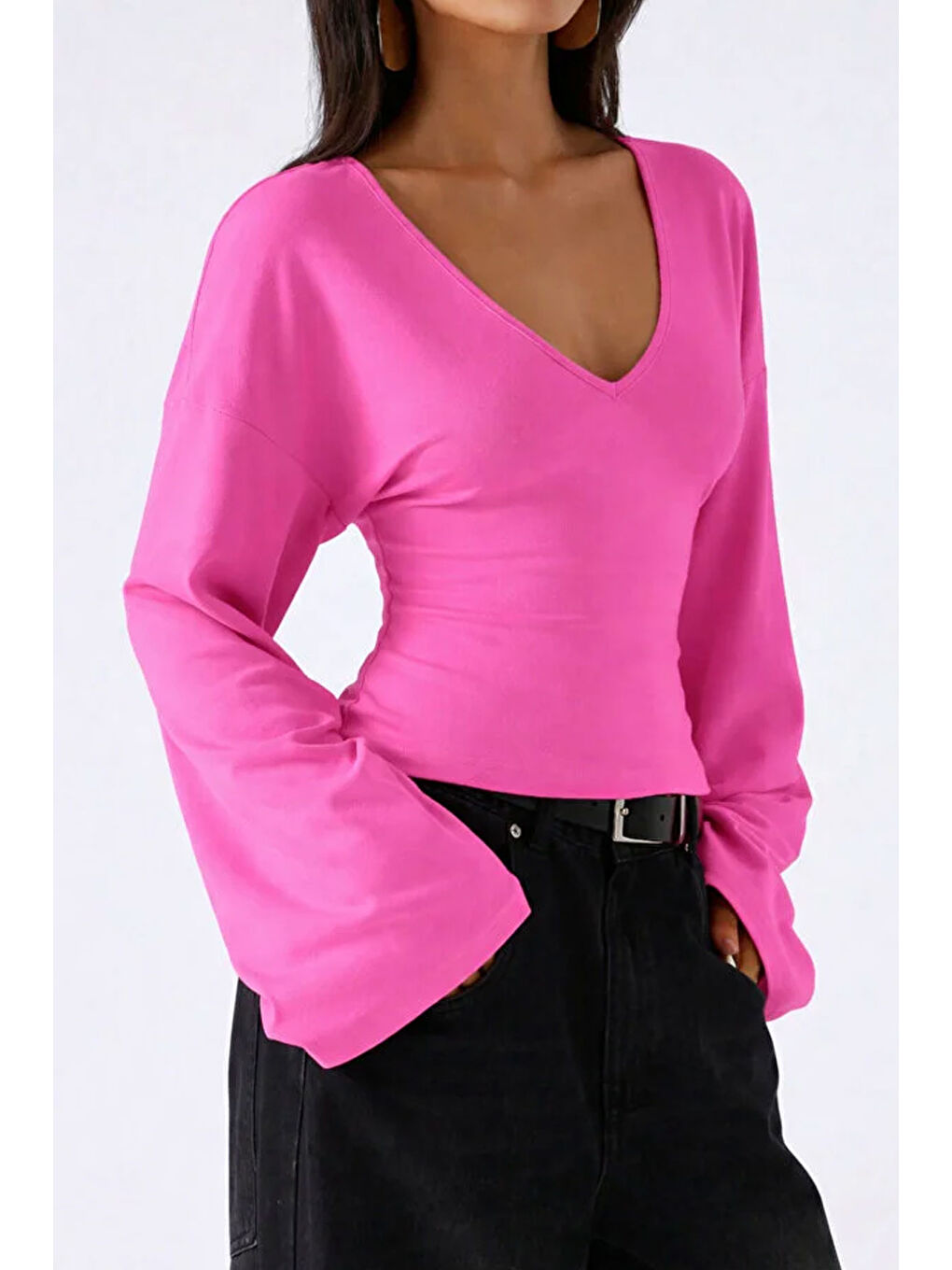 Fuşya Kadın V Yaka Uzun Kollu Belden Oturtmalı Bluz