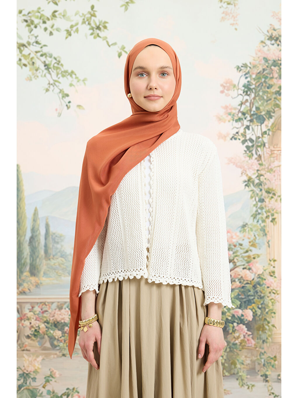Bej Floş Viskon Düz Şal Badem-7