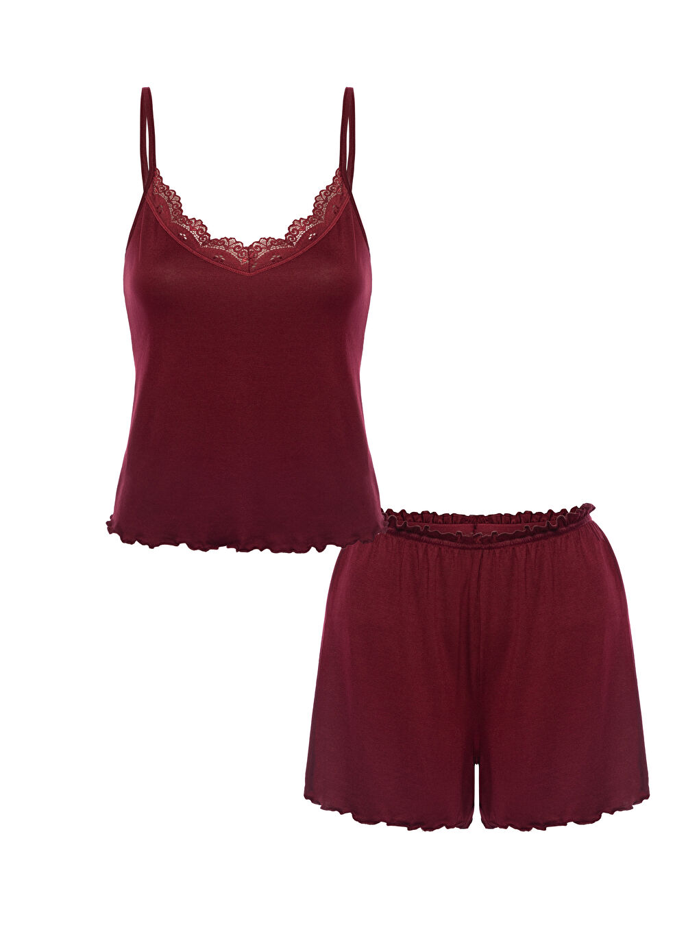 Bordo Kadın Viskon Yumuşak Dokulu Dantelli İp Askılı Şortlu Pijama Takımı-1