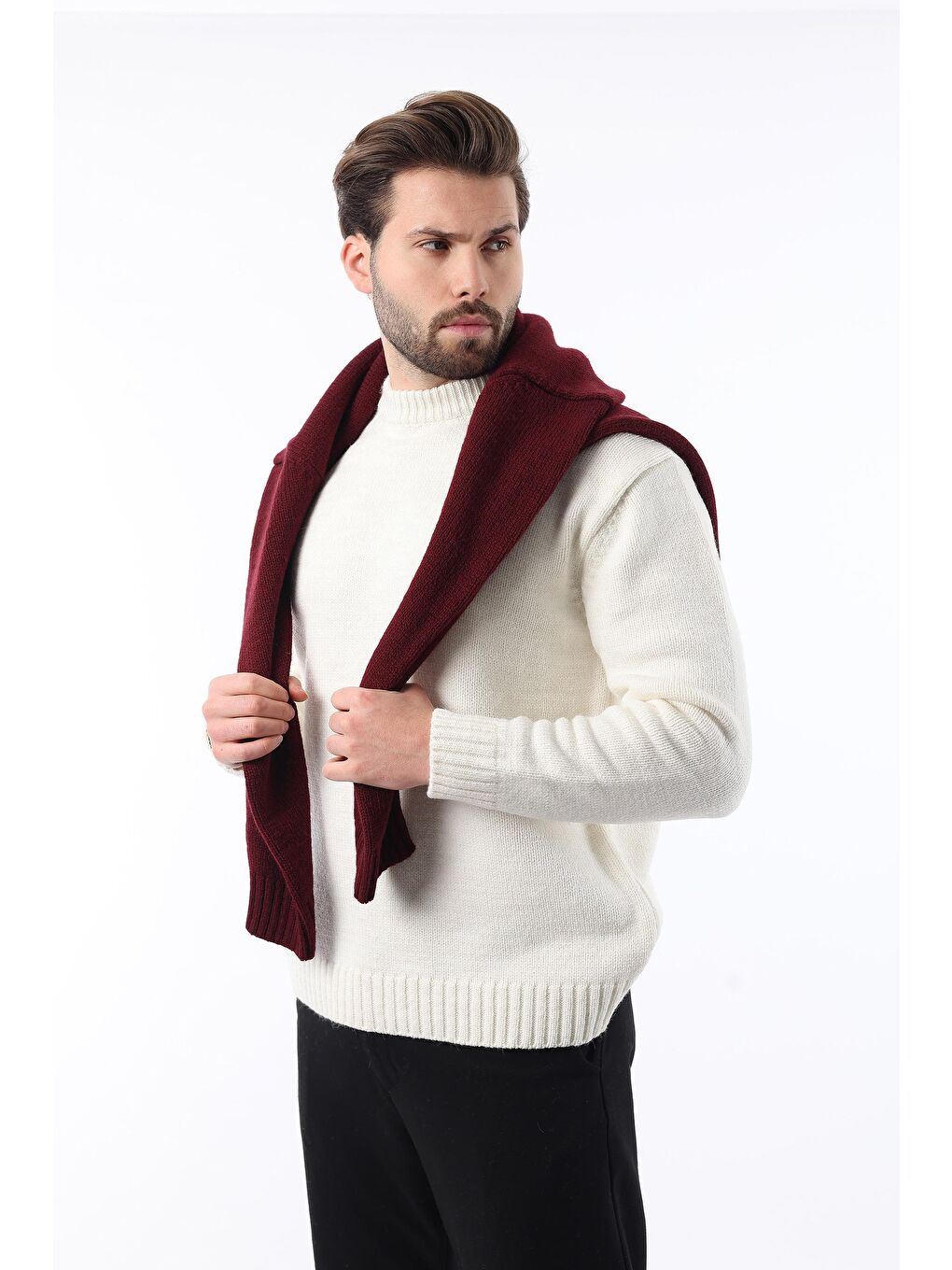 Ekru Bisiklet Yaka Overfit Erkek Triko Kazak E7402-2