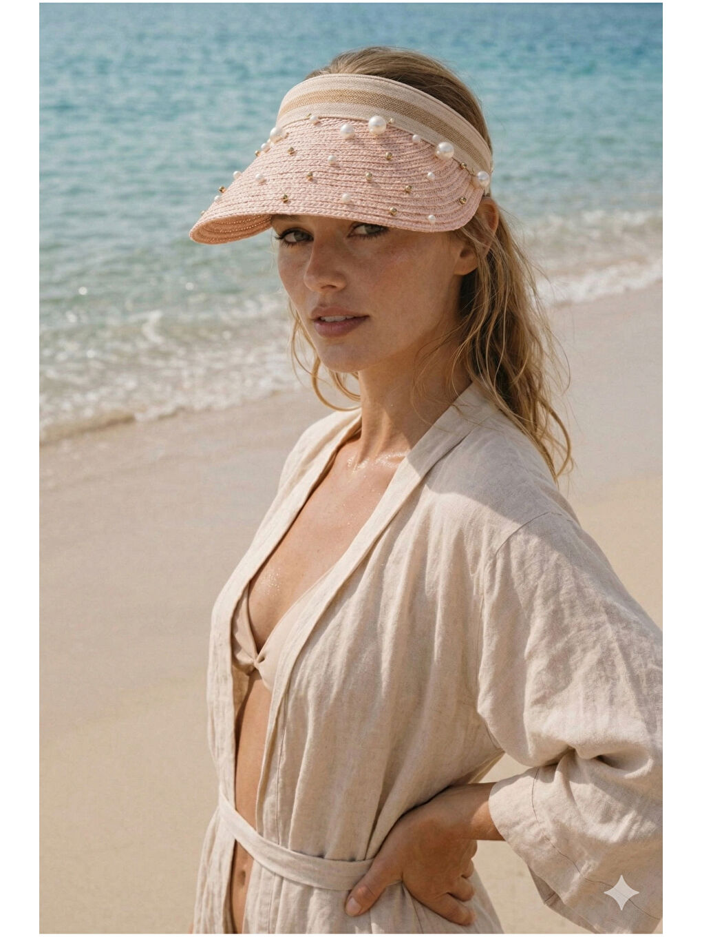 Pembe Kadın Pudra Hasır İncili Vizör Şapka Yazlık Plaj Şapkası HSR2134-1