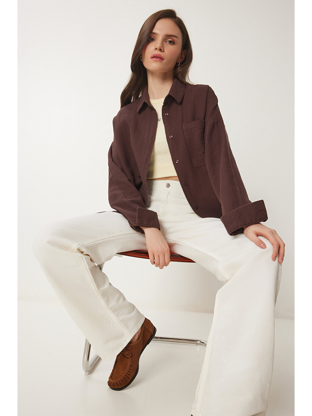 Kahverengi Oversize Basic Müslin Gömlek KAHVERENGİ LMX0002