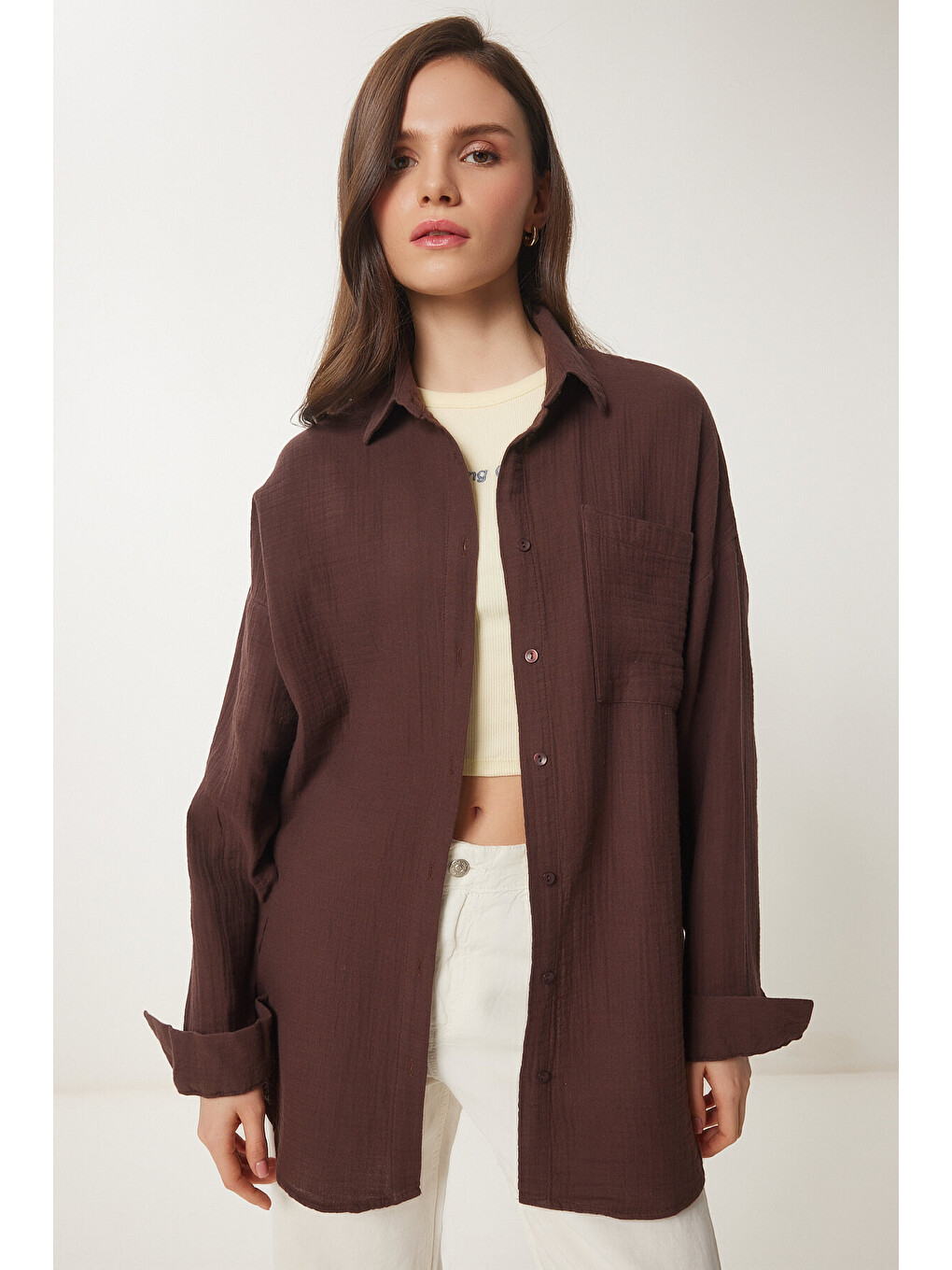 Kahverengi Oversize Basic Müslin Gömlek KAHVERENGİ LMX0002-1