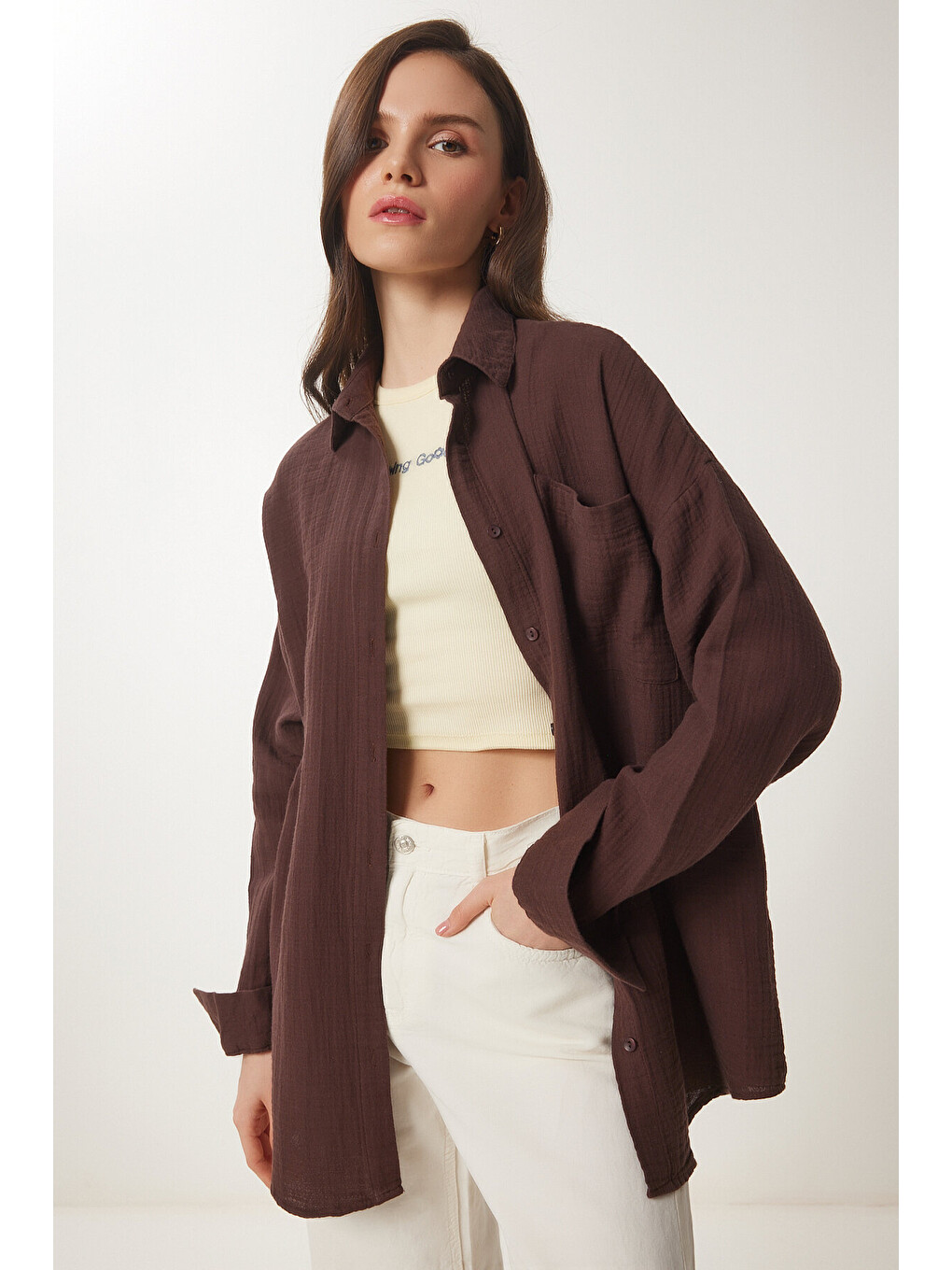 Kahverengi Oversize Basic Müslin Gömlek KAHVERENGİ LMX0002-2