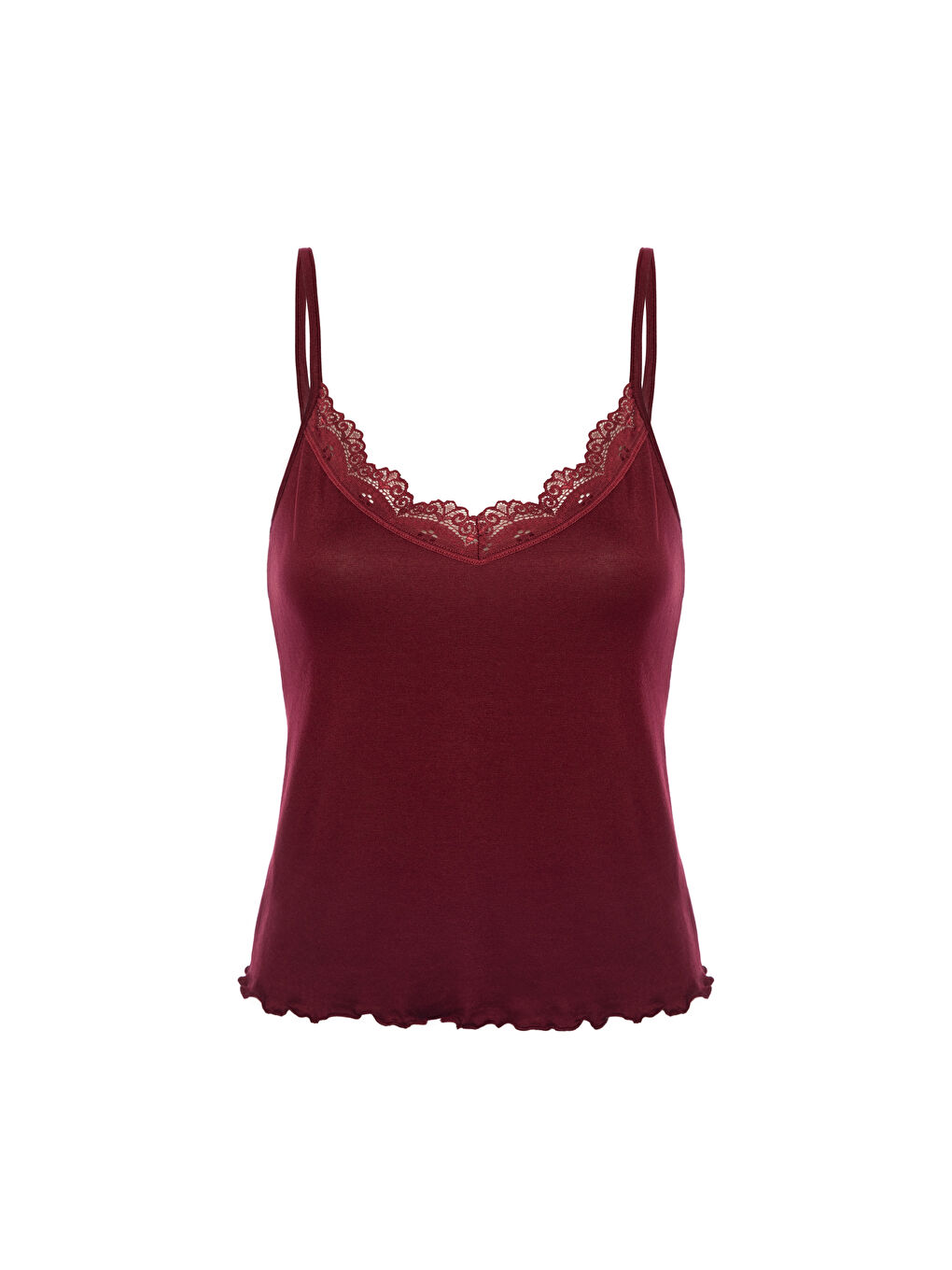 Bordo Kadın Viskon Yumuşak Dokulu Dantelli İp Askılı Şortlu Pijama Takımı-2