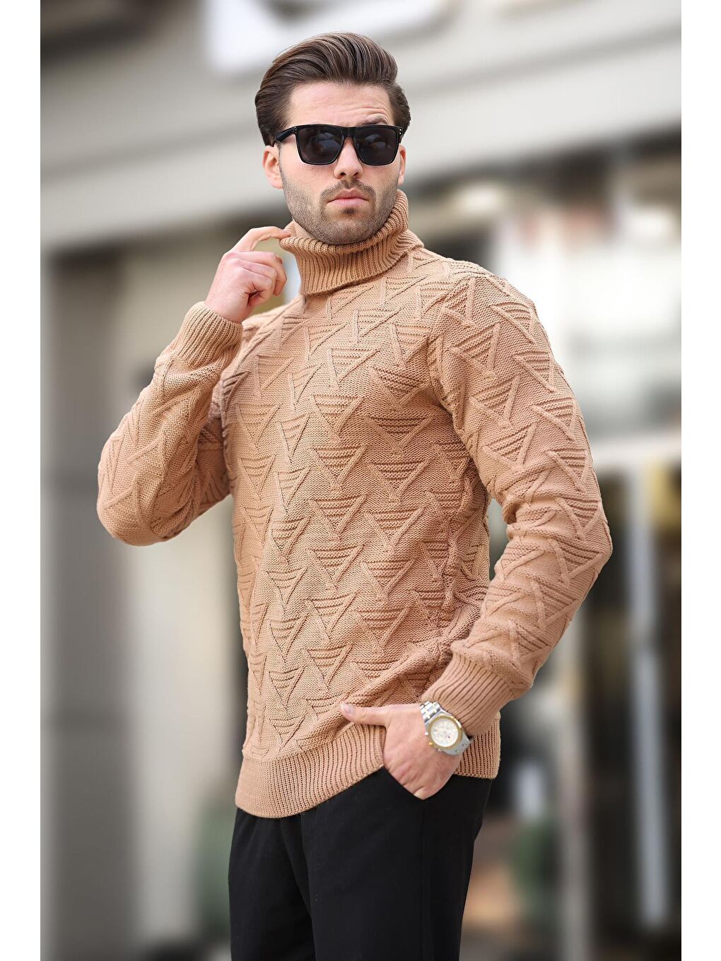 Kahverengi Camel Balıkçı Yaka Desenli Erkek Kazak E7292