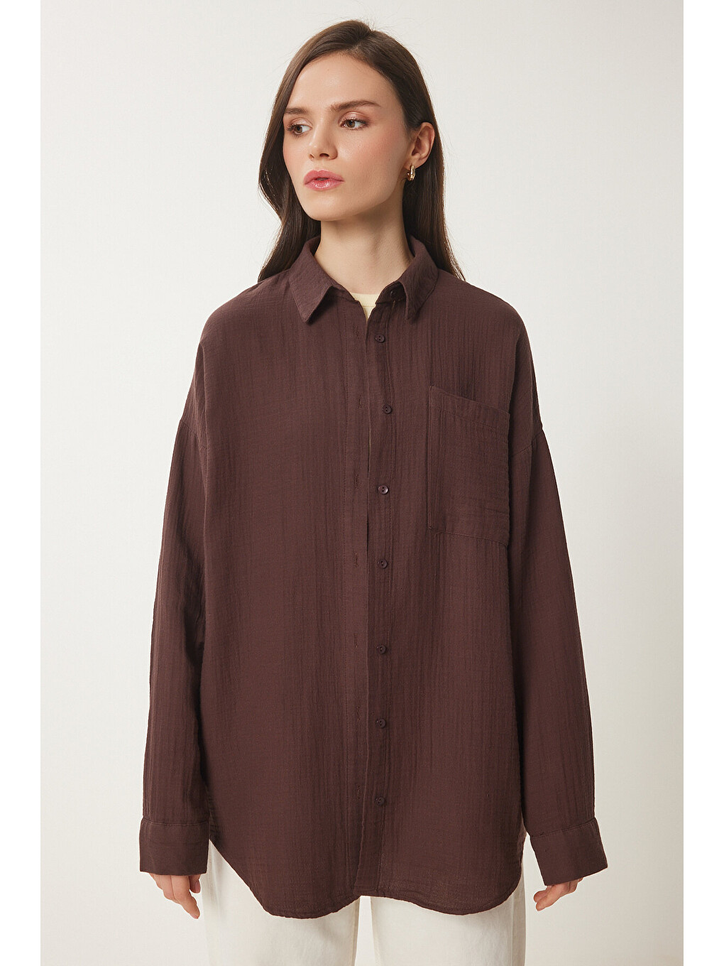 Kahverengi Oversize Basic Müslin Gömlek KAHVERENGİ LMX0002-3