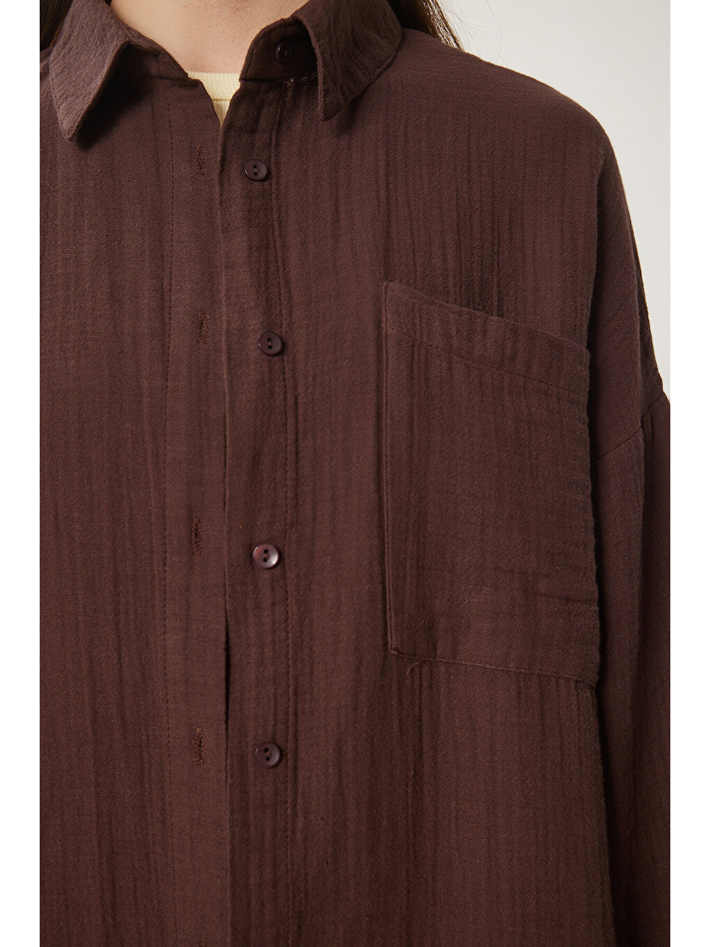 Kahverengi Oversize Basic Müslin Gömlek KAHVERENGİ LMX0002-4