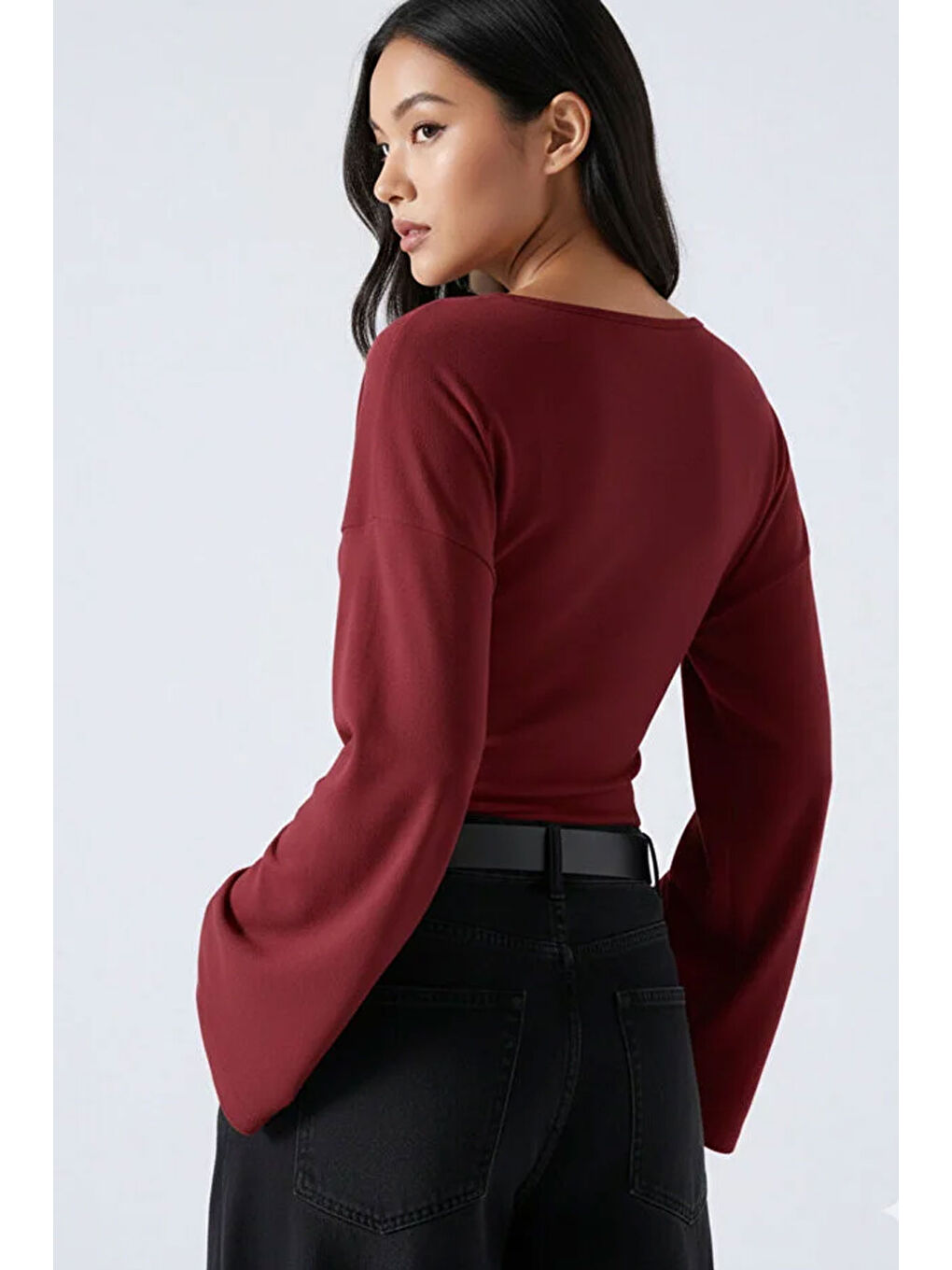 Bordo Kadın V Yaka Uzun Kollu Belden Oturtmalı Bluz-1