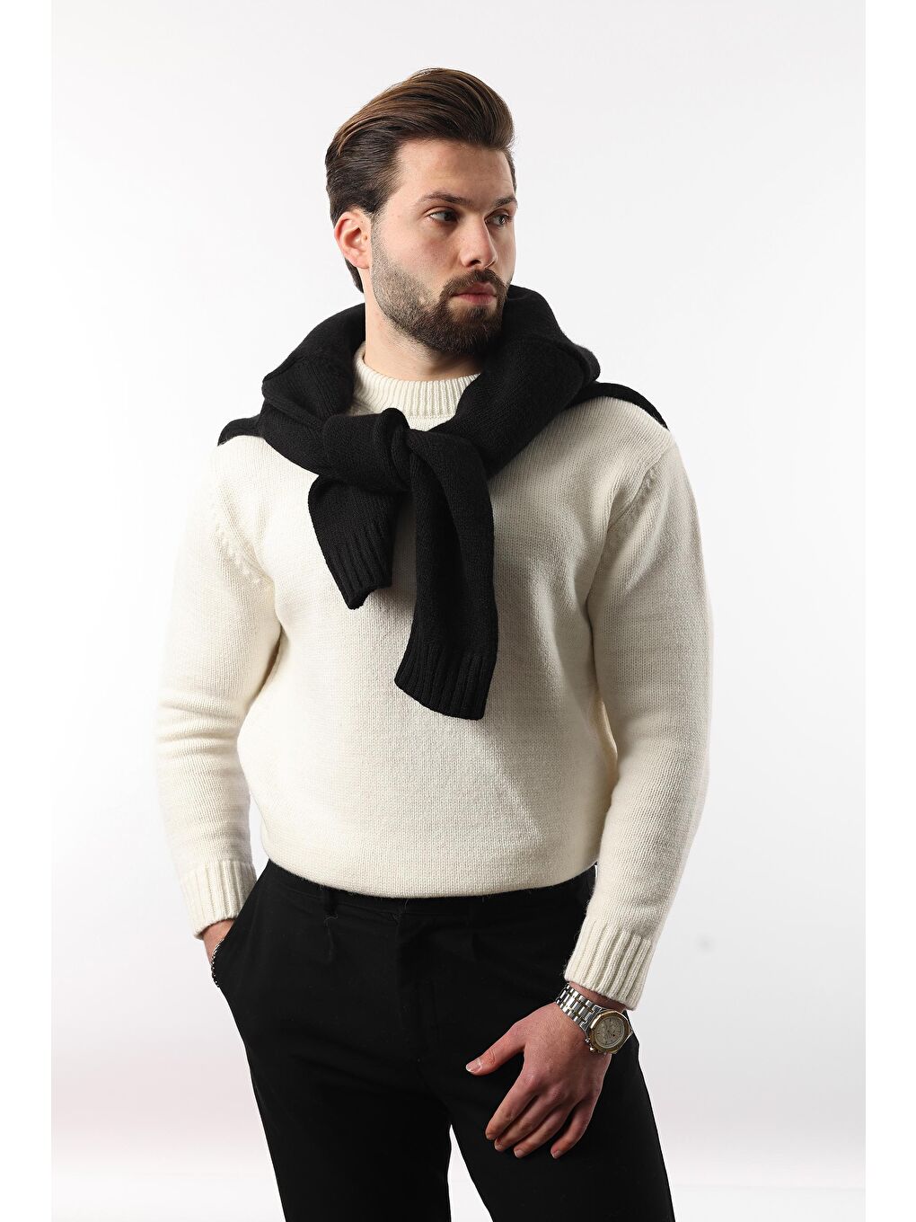 Ekru Bisiklet Yaka Overfit Erkek Triko Kazak E7402-3