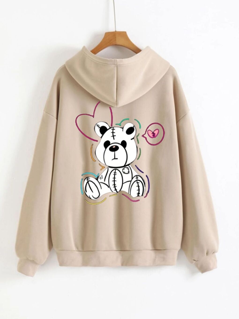 Unisex Bej Sweet Bear Baskılı Kapüşonlu Fermuarlı Hırka