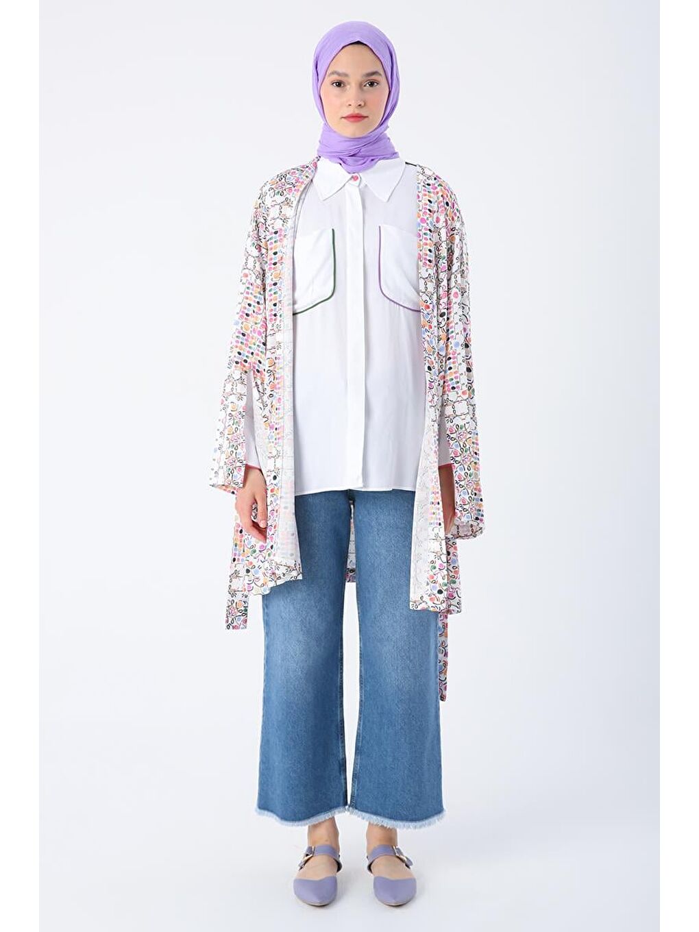 ALLDAY Beyaz-Pembe-Oversize Kol Yırtmaç Detaylı Kuşaklı Desenli Kimono - 1