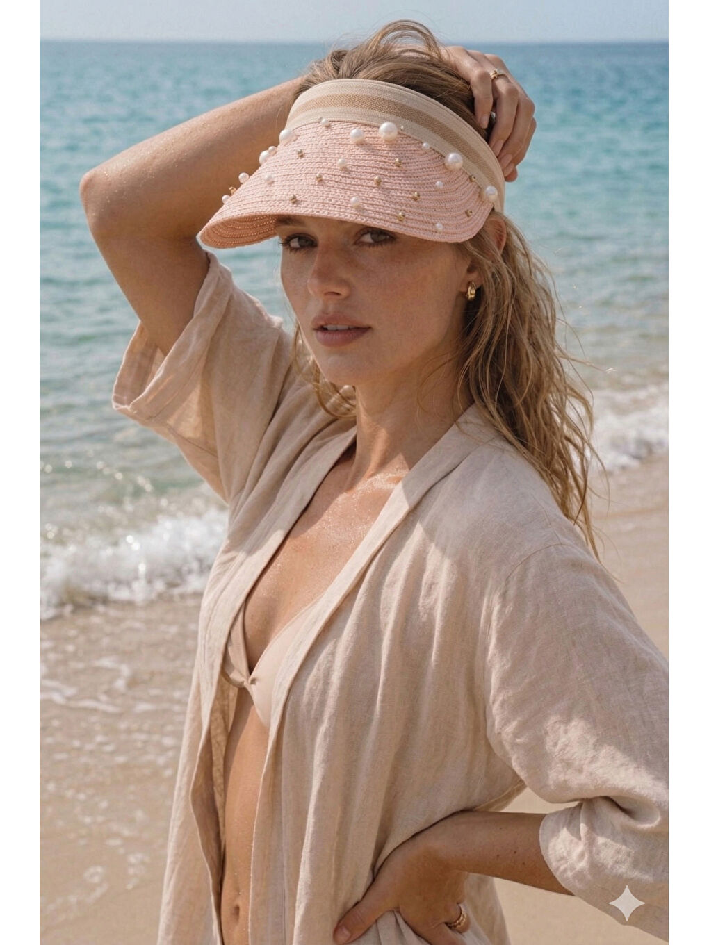 Pembe Kadın Pudra Hasır İncili Vizör Şapka Yazlık Plaj Şapkası HSR2134-2