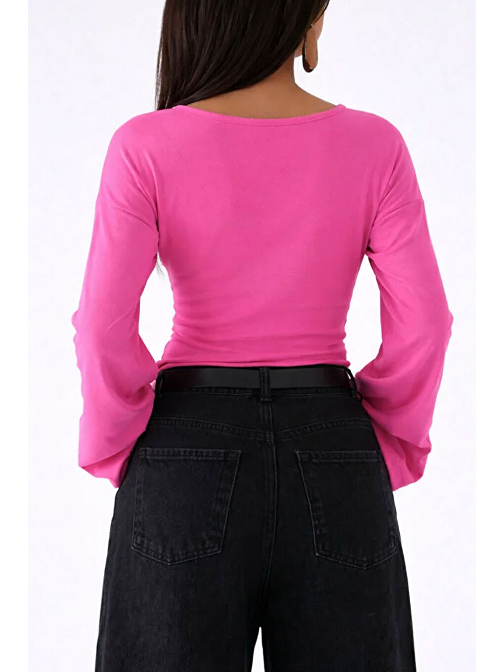 Fuşya Kadın V Yaka Uzun Kollu Belden Oturtmalı Bluz-2